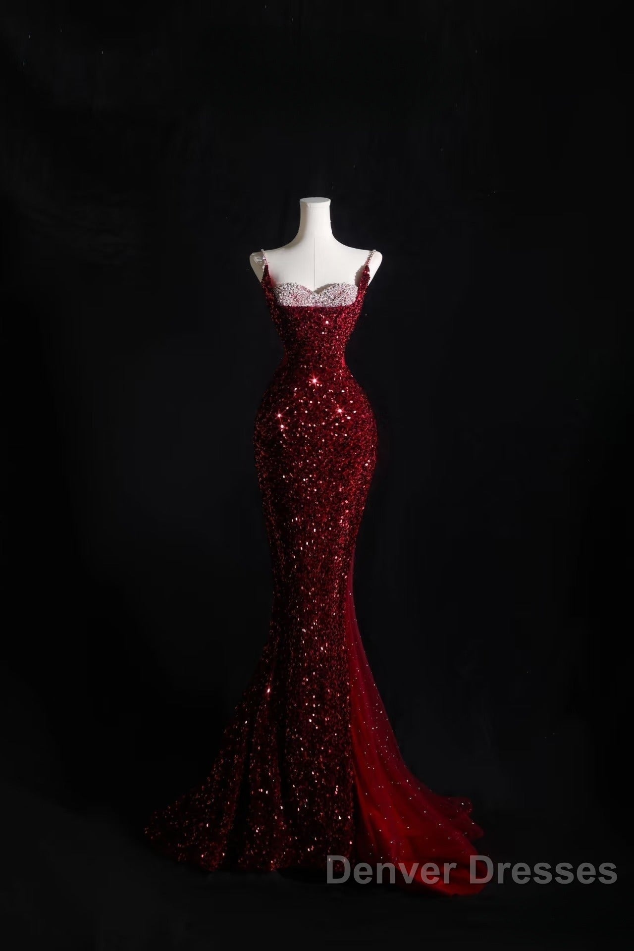 Pretty Mermaid Spaghetti Straps Sequin Beads Burgundy Long Prom Dress Formal Evening Dress