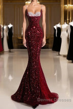 Pretty Mermaid Spaghetti Straps Sequin Beads Burgundy Long Prom Dress Formal Evening Dress
