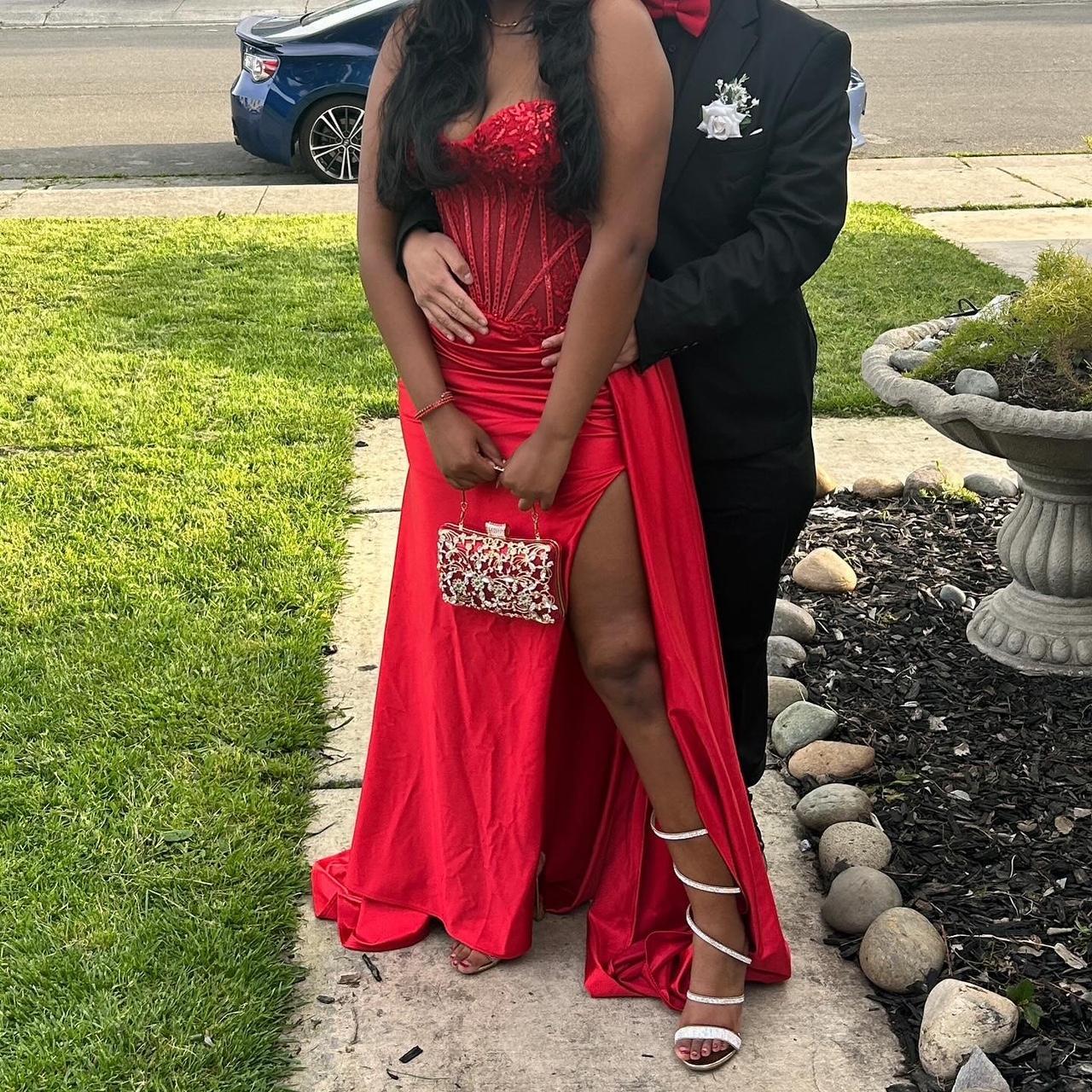 Pretty Mermaid Spaghetti Straps Slit Red Satin Prom Dress Long Party Dress Secondary image