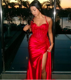 Pretty Mermaid Spaghetti Straps Slit Red Satin Prom Dress Long Party Dress