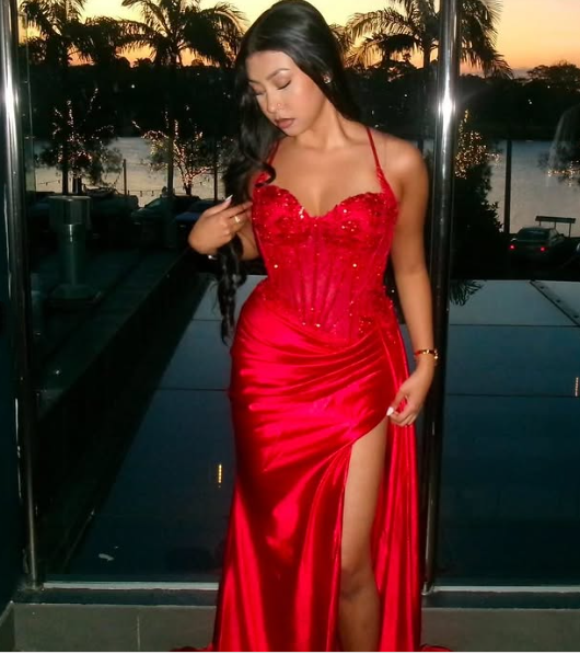 Pretty Mermaid Spaghetti Straps Slit Red Satin Prom Dress Long Party Dress