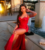 Pretty Mermaid Spaghetti Straps Slit Red Satin Prom Dress Long Party Dress