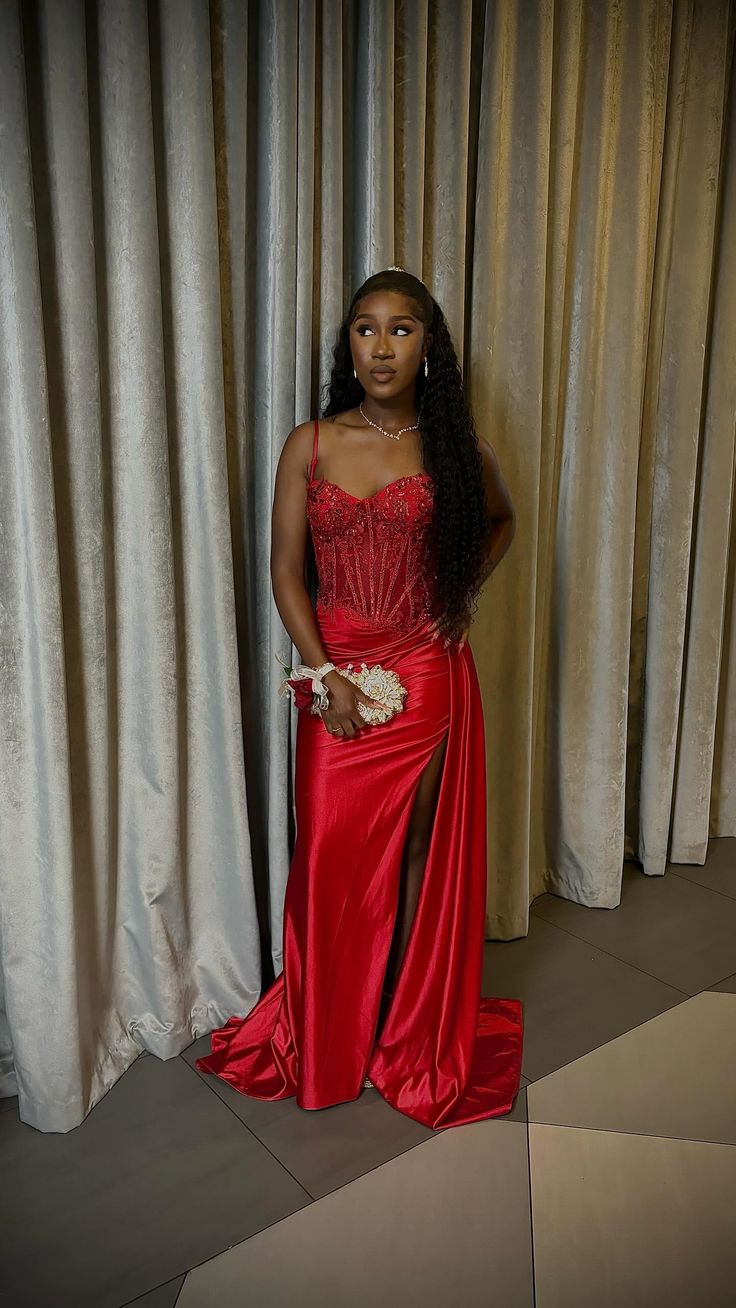 Pretty Mermaid Spaghetti Straps Slit Red Satin Prom Dress Long Party Dress Main image