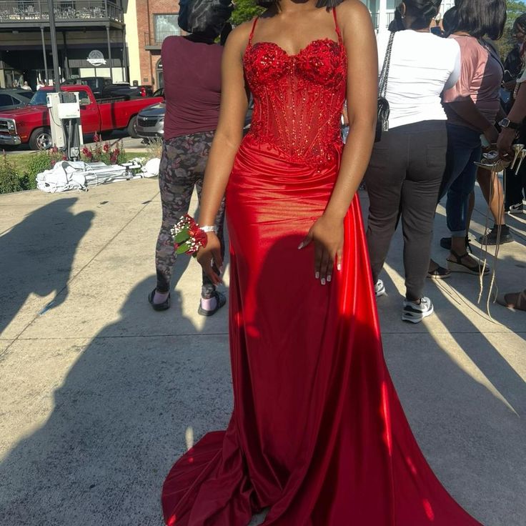 Pretty Mermaid Spaghetti Straps Slit Red Satin Prom Dress Long Party Dress Secondary image