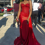 Pretty Mermaid Spaghetti Straps Slit Red Satin Prom Dress Long Party Dress
