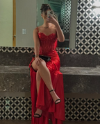 Pretty Mermaid Spaghetti Straps Slit Red Satin Prom Dress Long Party Dress