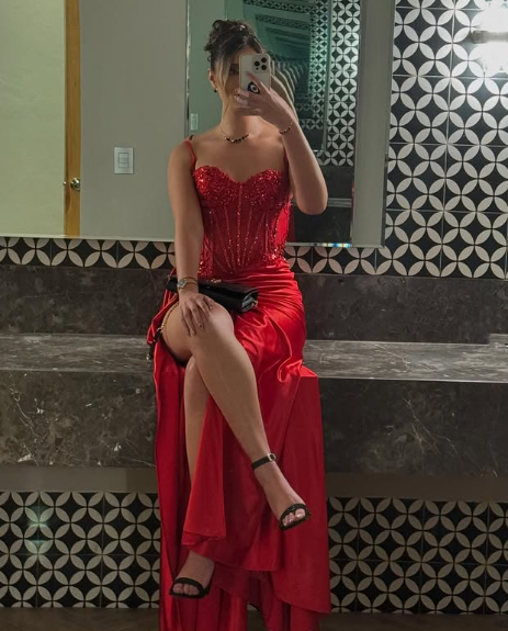 Pretty Mermaid Spaghetti Straps Slit Red Satin Prom Dress Long Party Dress