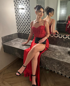 Pretty Mermaid Spaghetti Straps Slit Red Satin Prom Dress Long Party Dress