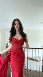 Pretty Mermaid Spaghetti Straps Slit Red Satin Prom Dress Long Party Dress