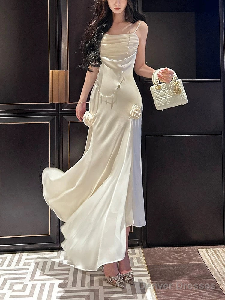 Pretty Mermaid Spaghetti Straps White Satin Prom Dresses Long Evening Gowns Main image