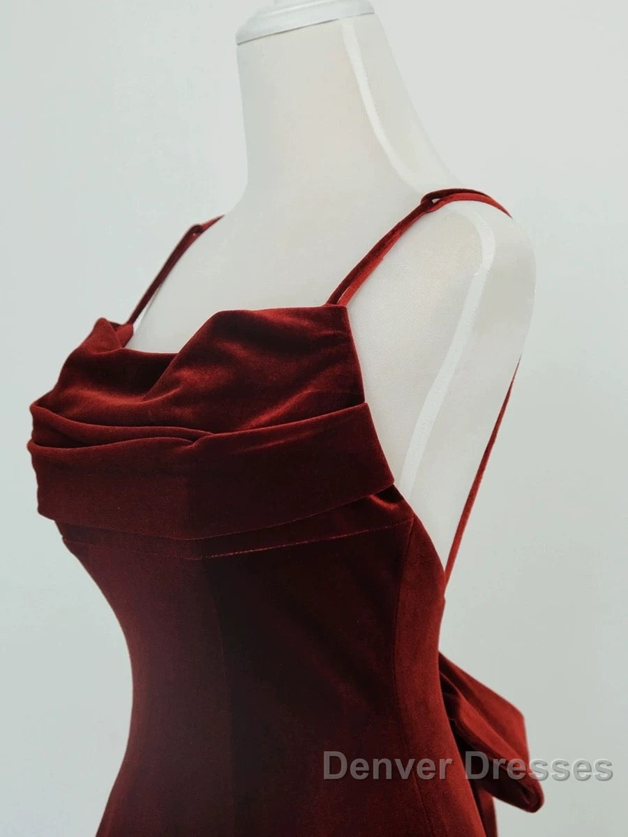 Pretty Mermaid Spaghetti Straps Wine Red Velvet Long Evening Dress Prom Dress