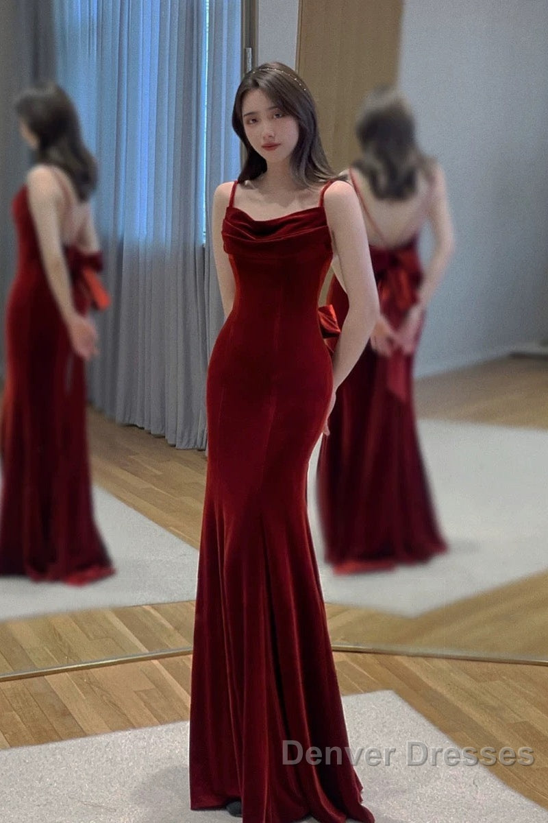 Pretty Mermaid Spaghetti Straps Wine Red Velvet Long Evening Dress Prom Dress