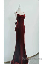 Pretty Mermaid Spaghetti Straps Wine Red Velvet Long Evening Dress Prom Dress