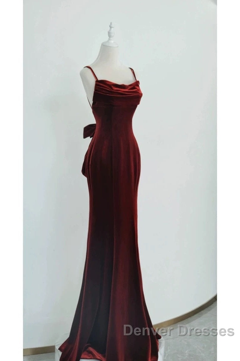 Pretty Mermaid Spaghetti Straps Wine Red Velvet Long Evening Dress Prom Dress