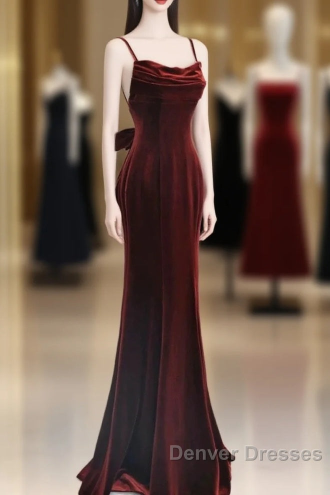 Pretty Mermaid Spaghetti Straps Wine Red Velvet Long Evening Dress Prom Dress Main image