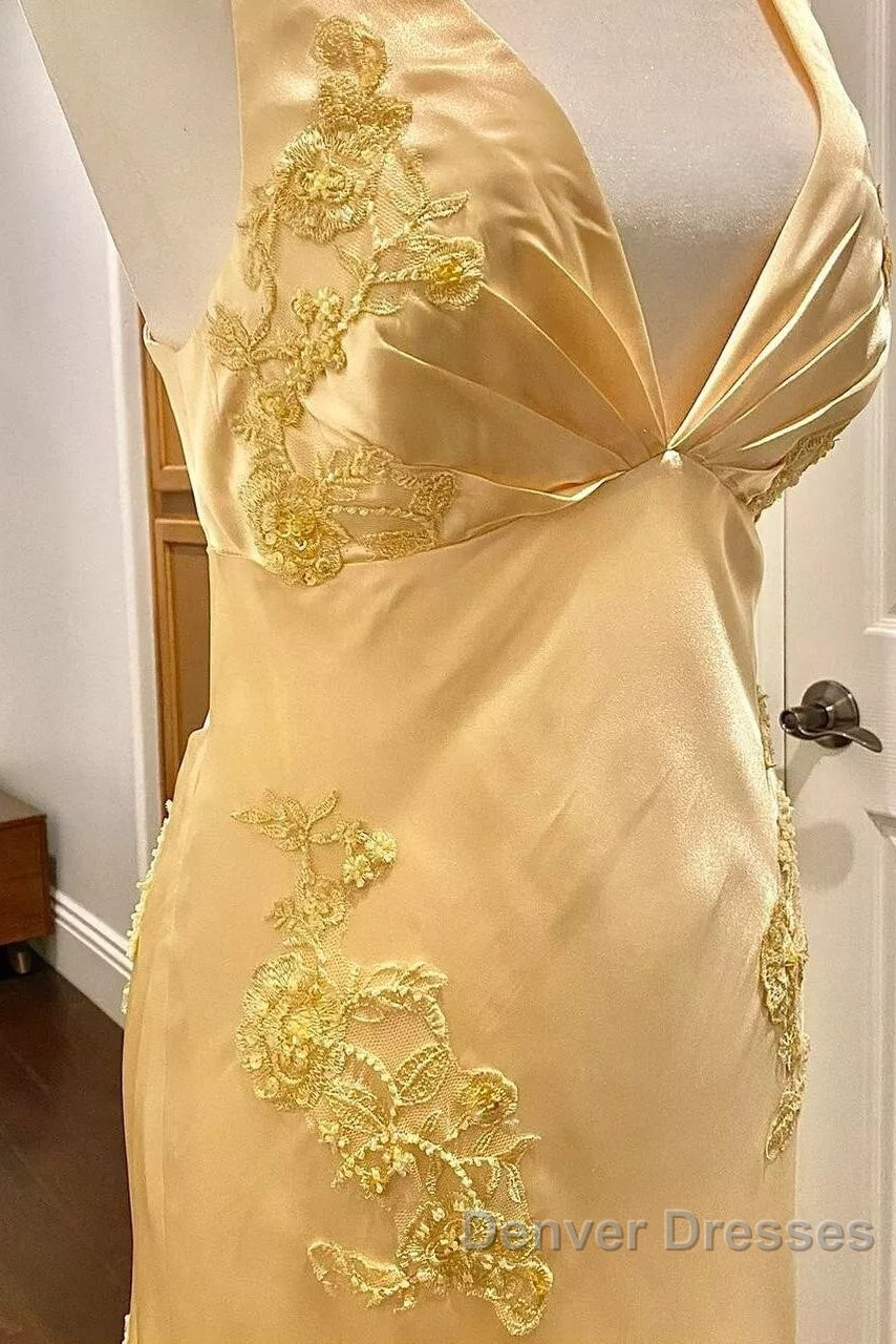 Pretty Mermaid Spaghetti Straps Yellow Backless Long Party Dress Prom Dress