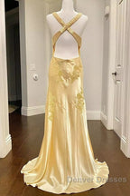 Pretty Mermaid Spaghetti Straps Yellow Backless Long Party Dress Prom Dress