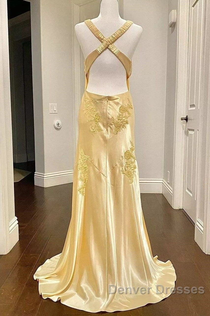 Pretty Mermaid Spaghetti Straps Yellow Backless Long Party Dress Prom Dress