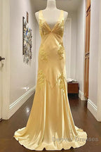 Pretty Mermaid Spaghetti Straps Yellow Backless Long Party Dress Prom Dress