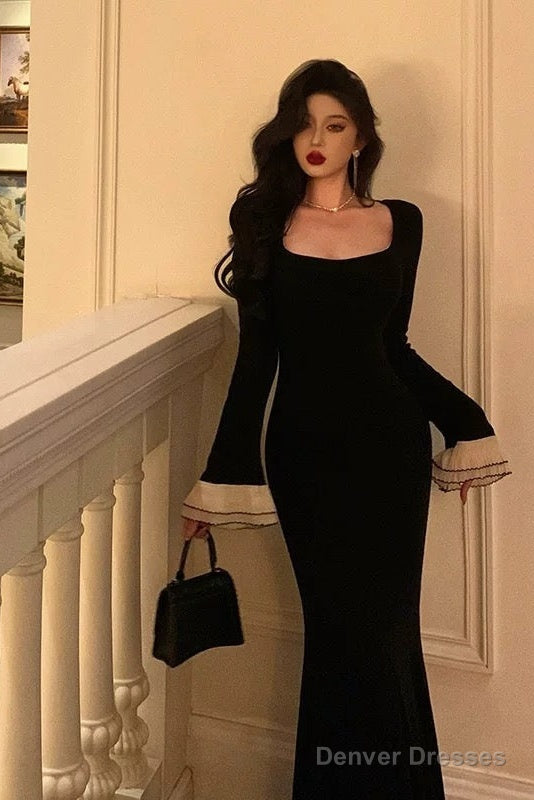 Pretty Mermaid Square Neckline Black Prom Dresses Birthday Outfits Evening Gown