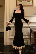 Pretty Mermaid Square Neckline Black Prom Dresses Birthday Outfits Evening Gown