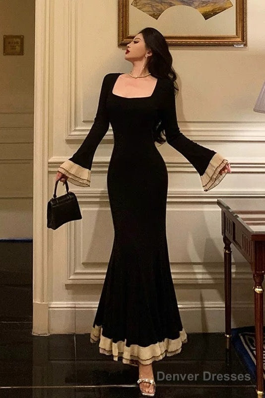 Pretty Mermaid Square Neckline Black Prom Dresses Birthday Outfits Evening Gown