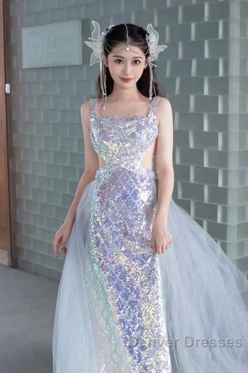 Pretty Mermaid Square Neckline Sequin Long Evening Dress Prom Dress
