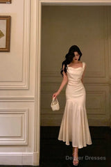 Pretty Mermaid Square Neckline White Date Night Dress Prom Dresses Birthday Party Outfit