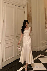 Pretty Mermaid Square Neckline White Date Night Dress Prom Dresses Birthday Party Outfit