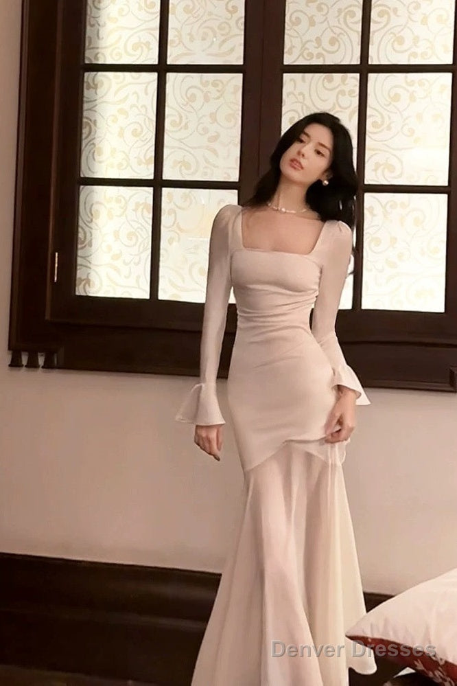 Pretty Mermaid Squere Neckline Satin Ankle Length Evening Dress Prom Dresses