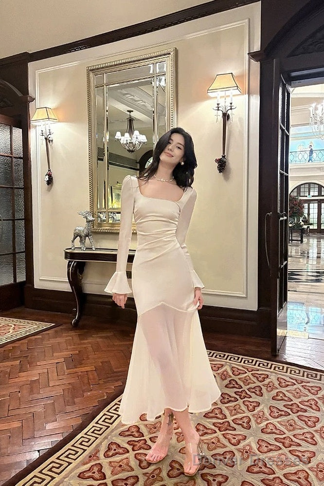 Pretty Mermaid Squere Neckline Satin Ankle Length Evening Dress Prom Dresses