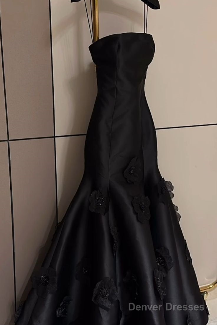 Pretty Mermaid Strapless Black Long Satin Prom Dresses With Flowers Main image