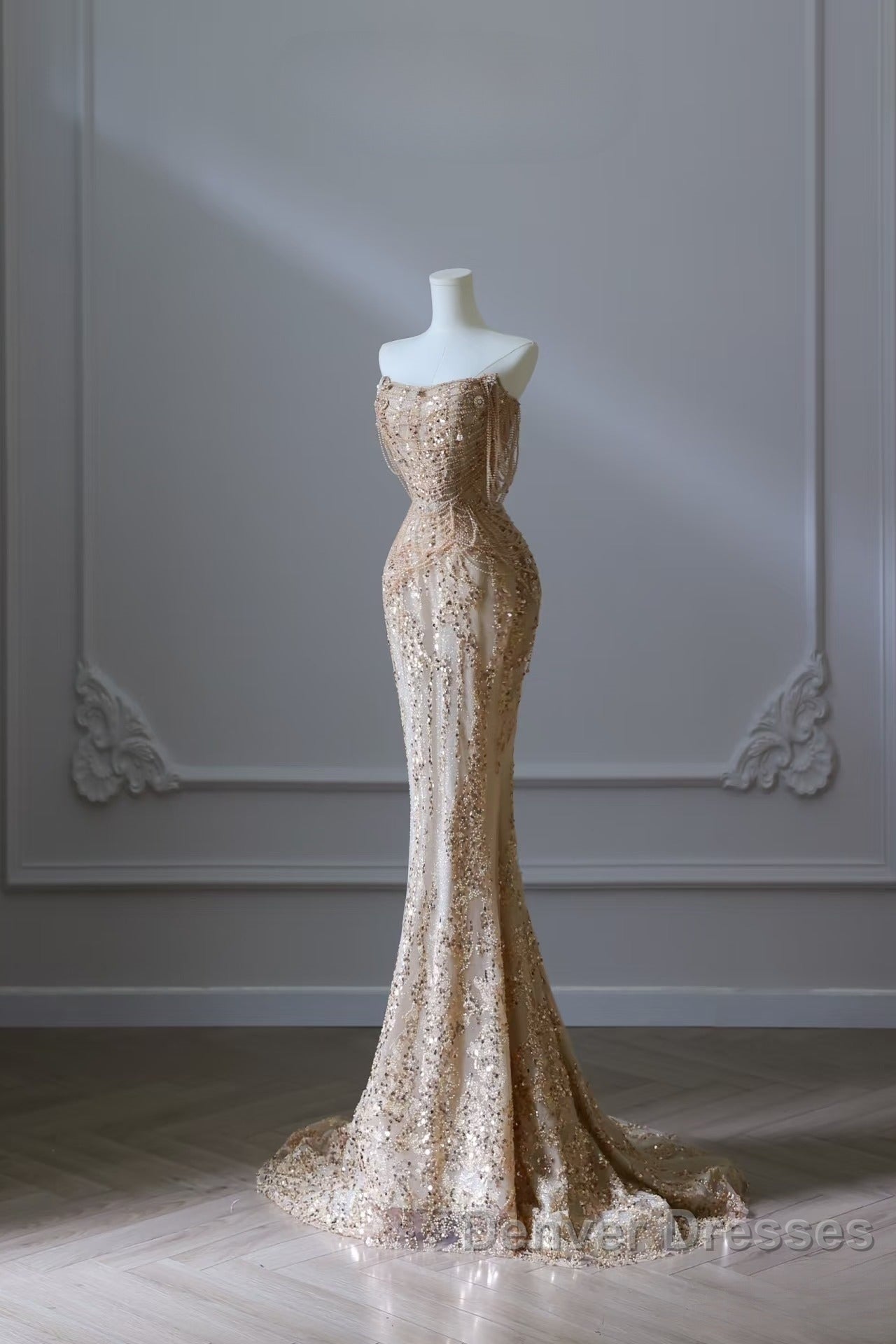Pretty Mermaid Strapless Gold Sequin Beads Long Prom Dress Formal Evening Dress Secondary image