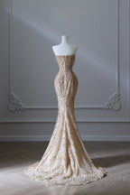 Pretty Mermaid Strapless Gold Sequin Beads Long Prom Dress Formal Evening Dress