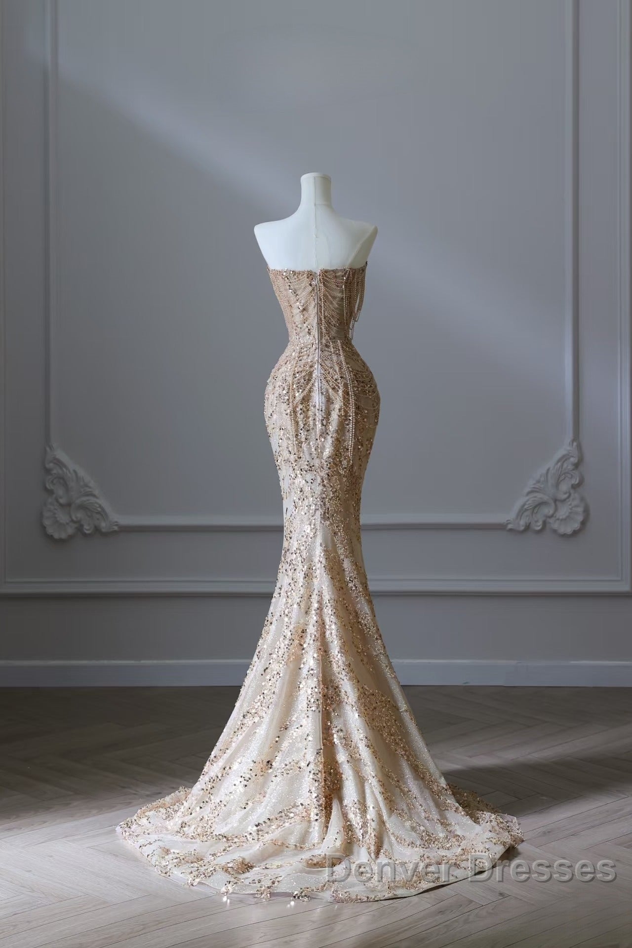 Pretty Mermaid Strapless Gold Sequin Beads Long Prom Dress Formal Evening Dress
