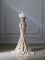 Pretty Mermaid Strapless Gold Sequin Beads Long Prom Dress Formal Evening Dress