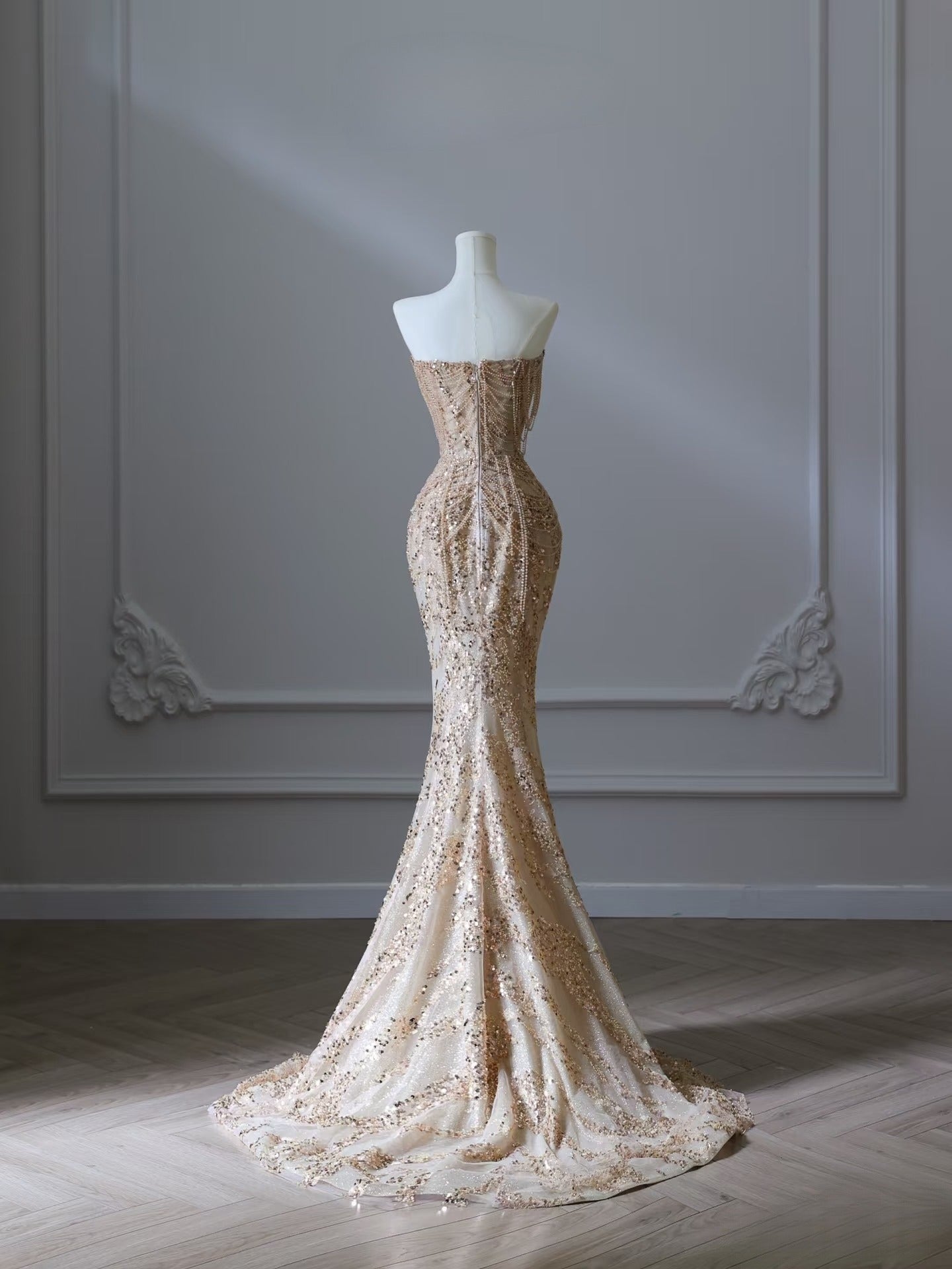 Pretty Mermaid Strapless Gold Sequin Beads Long Prom Dress Formal Evening Dress