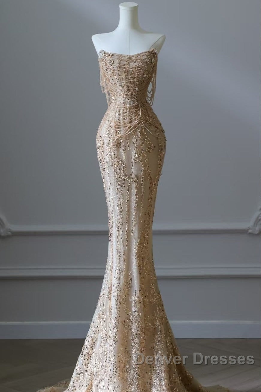 Pretty Mermaid Strapless Gold Sequin Beads Long Prom Dress Formal Evening Dress