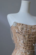 Pretty Mermaid Strapless Gold Sequin Beads Long Prom Dress Formal Evening Dress