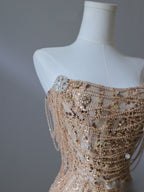 Pretty Mermaid Strapless Gold Sequin Beads Long Prom Dress Formal Evening Dress