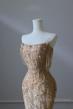 Pretty Mermaid Strapless Gold Sequin Beads Long Prom Dress Formal Evening Dress