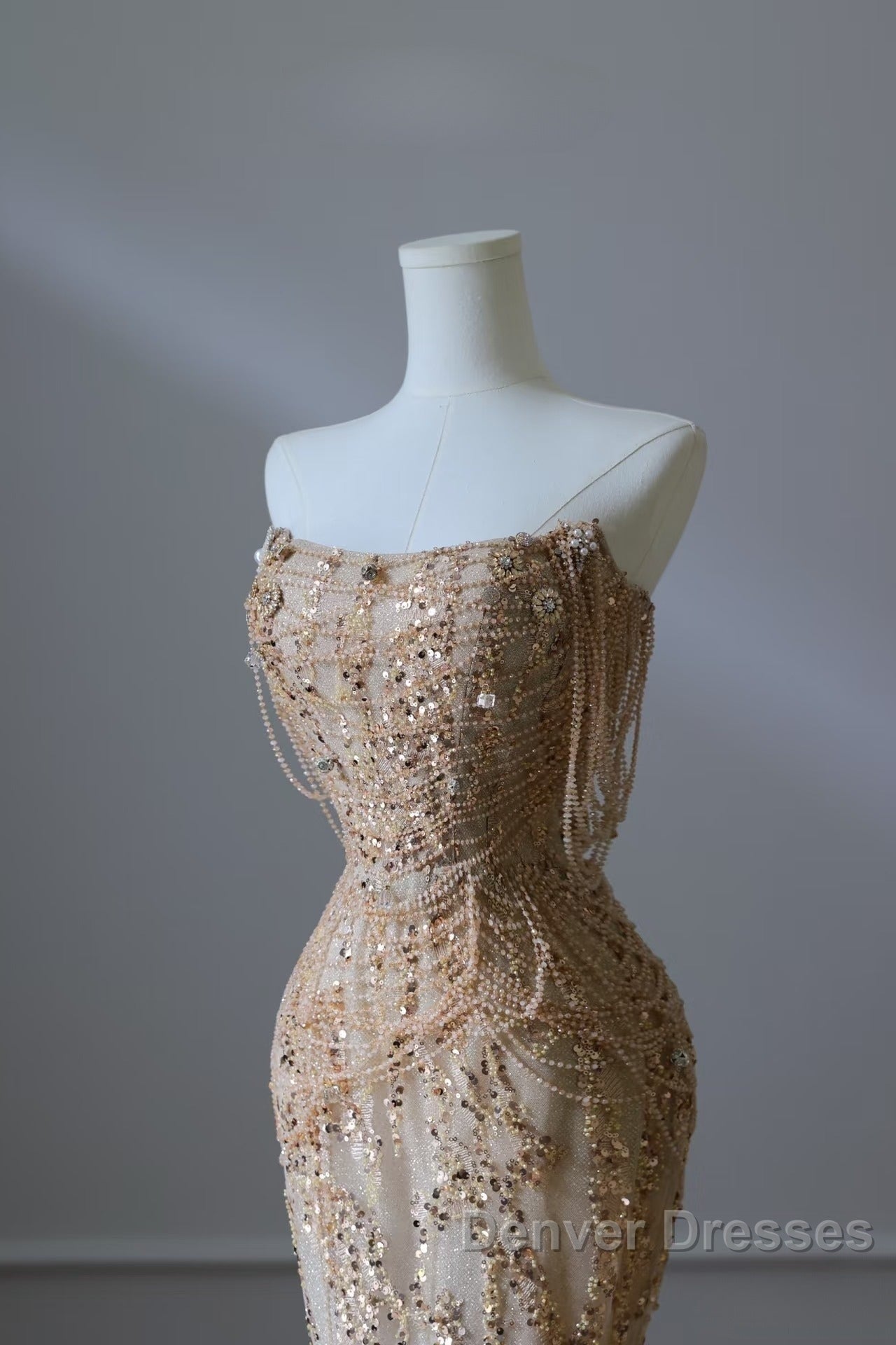 Pretty Mermaid Strapless Gold Sequin Beads Long Prom Dress Formal Evening Dress