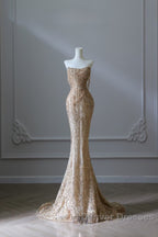 Pretty Mermaid Strapless Gold Sequin Beads Long Prom Dress Formal Evening Dress