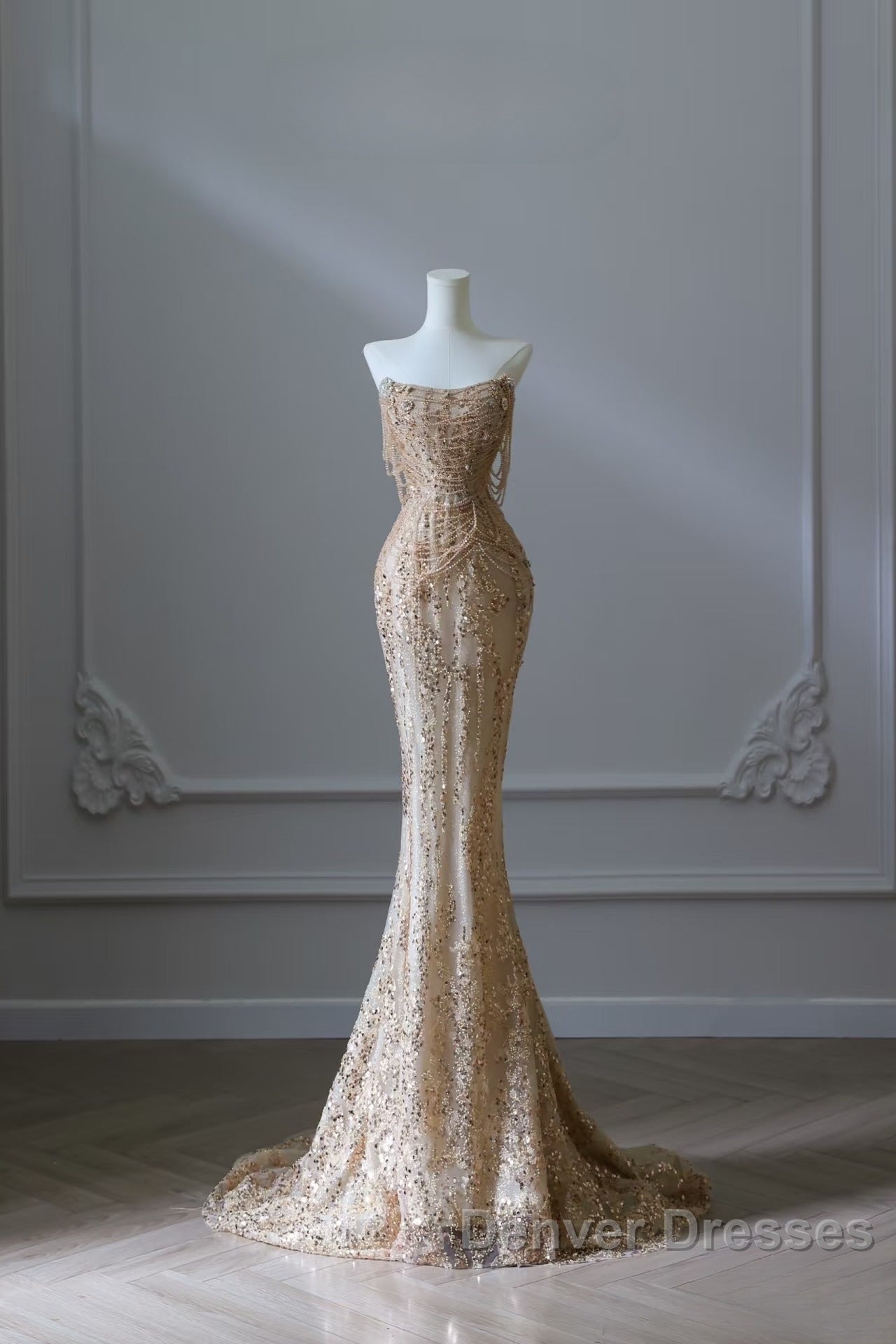 Pretty Mermaid Strapless Gold Sequin Beads Long Prom Dress Formal Evening Dress