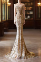 Pretty Mermaid Strapless Gold Sequin Beads Long Prom Dress Formal Evening Dress