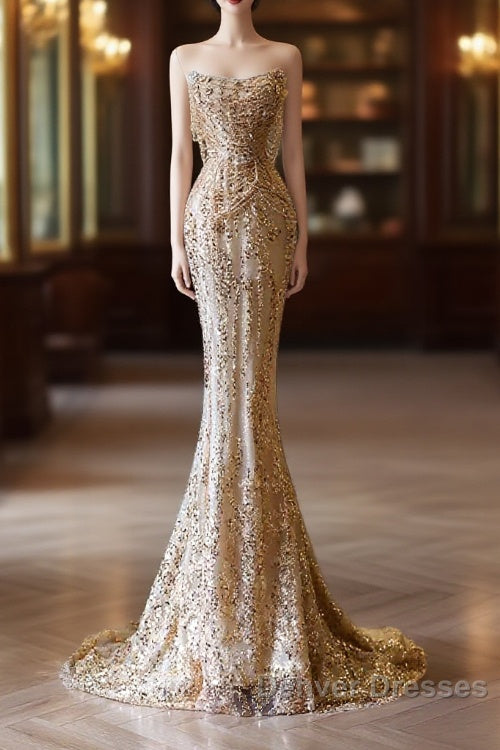 Pretty Mermaid Strapless Gold Sequin Beads Long Prom Dress Formal Evening Dress
