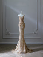 Pretty Mermaid Strapless Gold Sequin Beads Long Prom Dress Formal Evening Dress