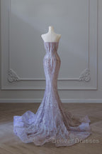 Pretty Mermaid Strapless Lilac Sequin Beads Long Prom Dress Formal Evening Dress