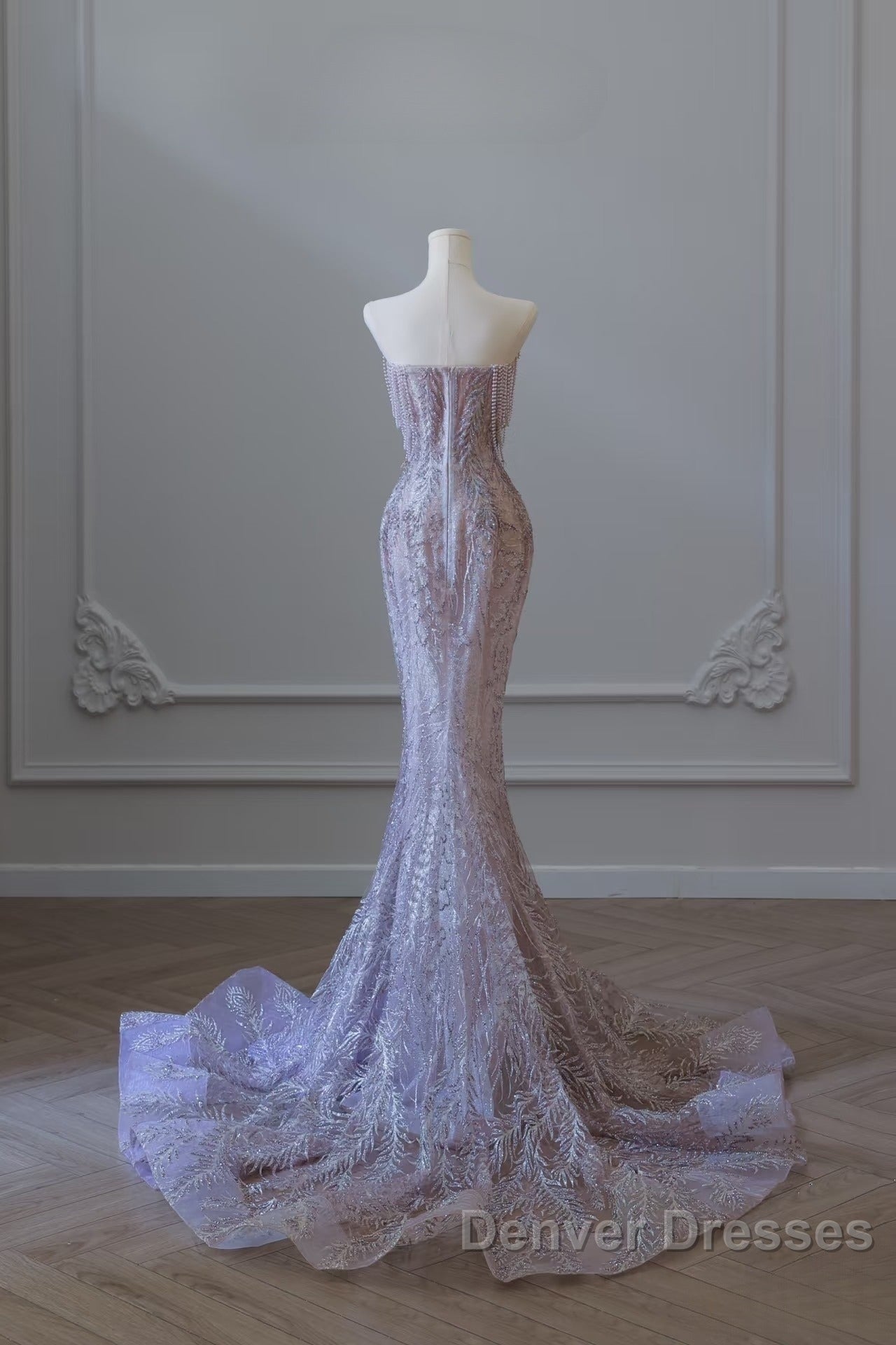 Pretty Mermaid Strapless Lilac Sequin Beads Long Prom Dress Formal Evening Dress