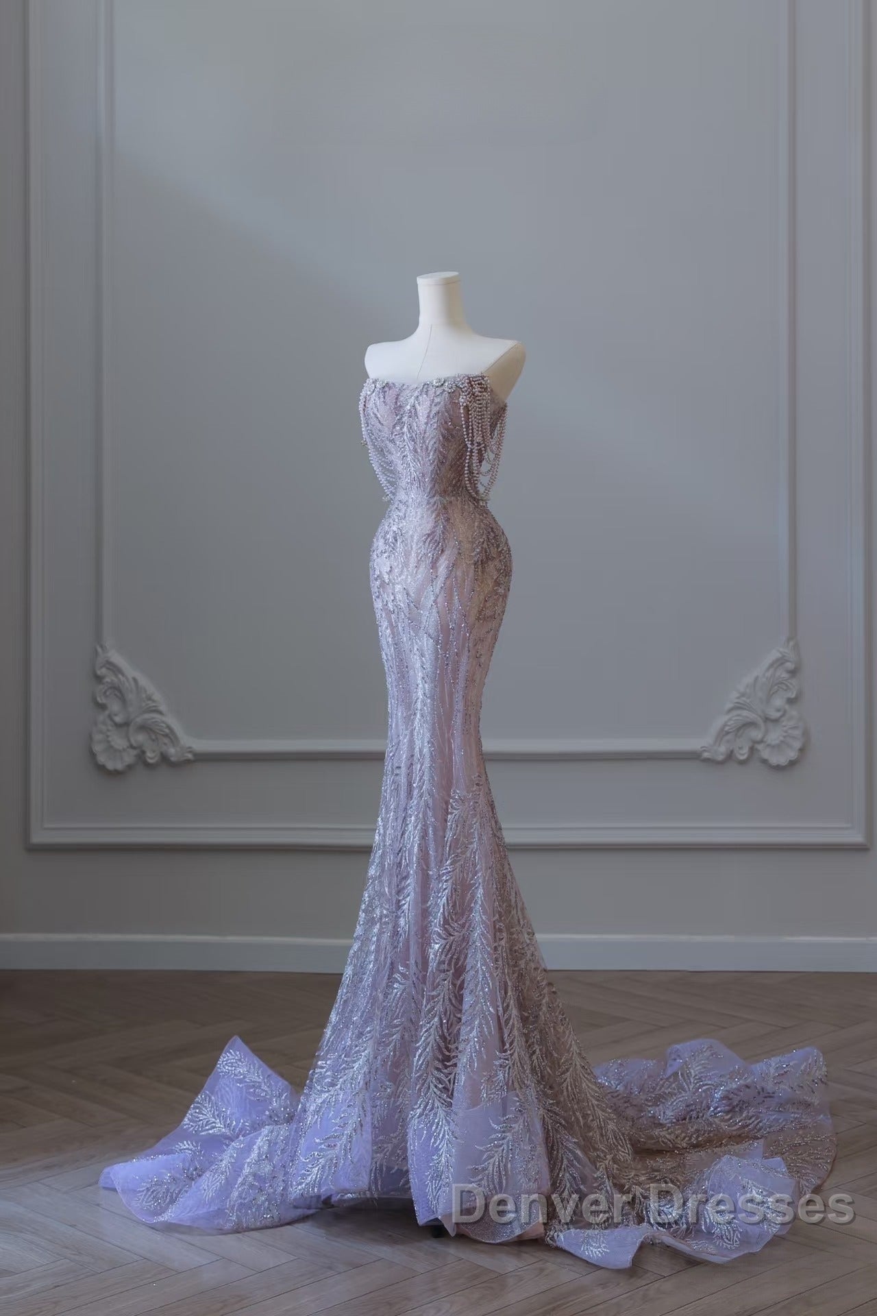 Pretty Mermaid Strapless Lilac Sequin Beads Long Prom Dress Formal Evening Dress